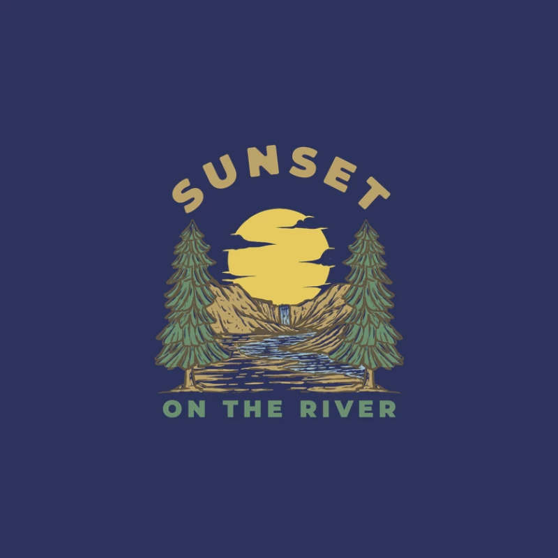 Sonnenuntergang am Fluss mit Wasserfall Herren T-Shirt