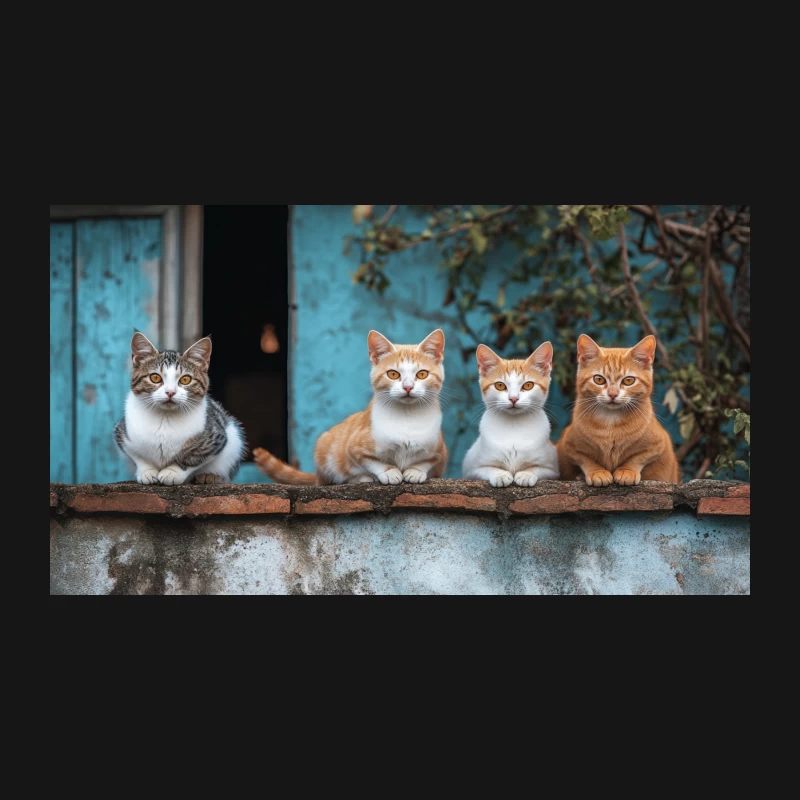 Feline Friends: A Charming Quartet of Cats Posing on a Wooden Fence Desk Mat