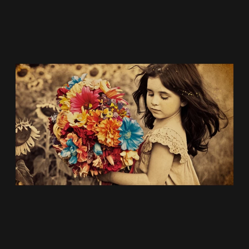 Innocent Girl with Vibrant Bouquet in Sunflower Field Desk Mat