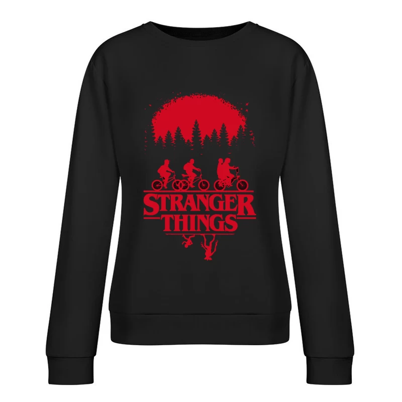 Stranger Things Red Silhouette Poster with Kids on Bikes Female Pullover Sweatshirt