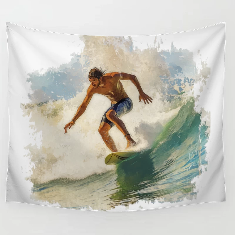 Dynamic Watercolor Surfer Riding Turquoise Wave Tapestry