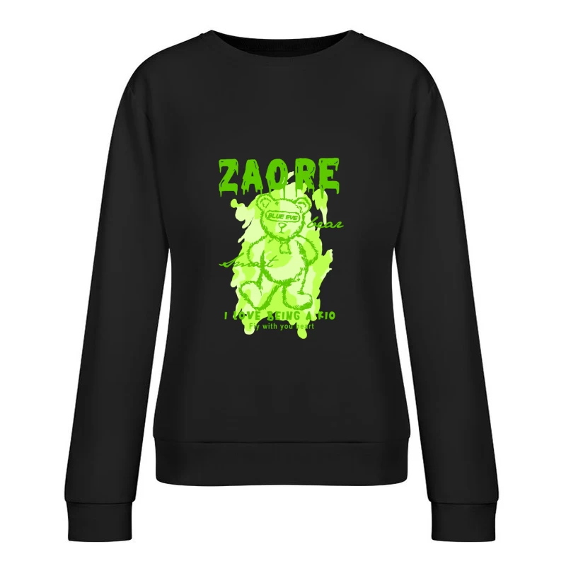 Playful Green Bear Graphic Design Female Pullover Sweatshirt