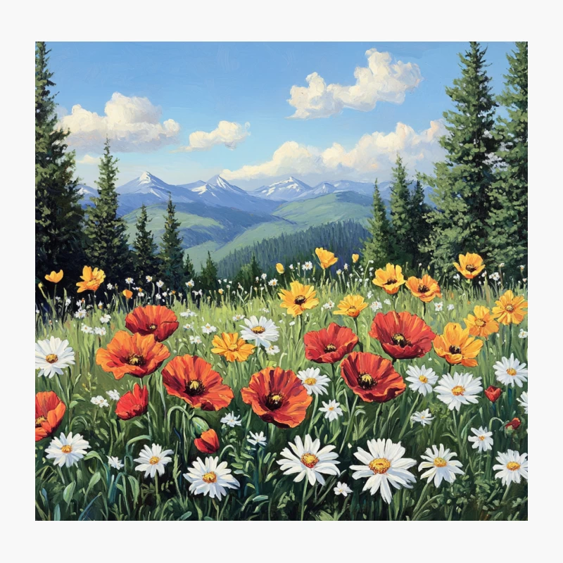 Vibrant Wildflower Meadow with Mountain Vista Throw Pillow