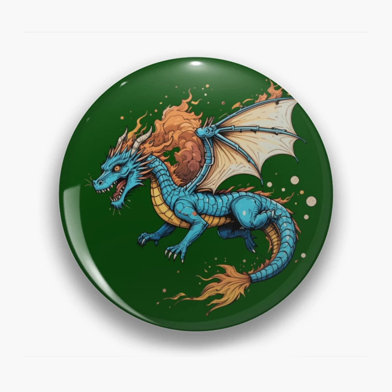 Fierce Blue Dragon with Fiery Mane and Wings Pin