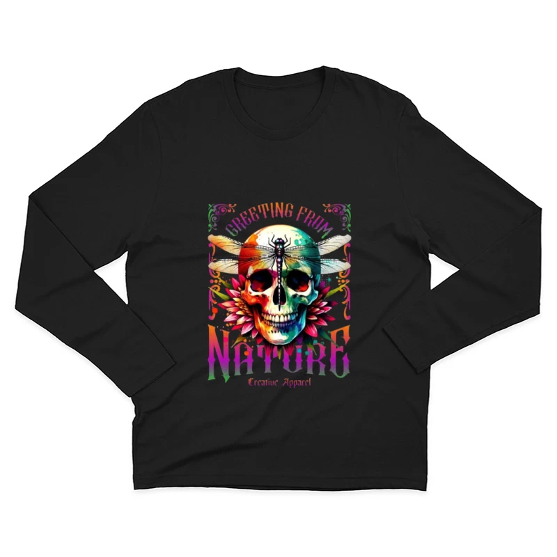 Rainbow Gothic Skull with Dragonfly and Floral Design - Nature Creative Apparel Male Long Sleeve T-Shirt