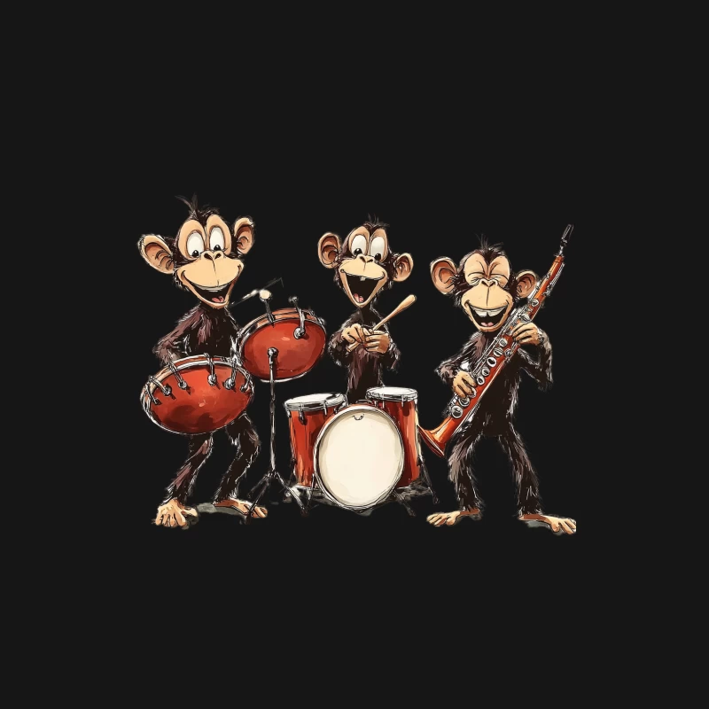 cartoon monkeys musical instruments drum set clarinet band illustration humor Male Long Sleeve T-Shirt