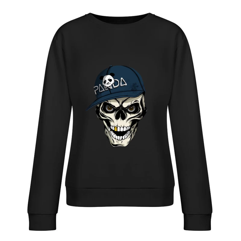 Skull with Panda Cap Graphic Illustration Female Pullover Sweatshirt