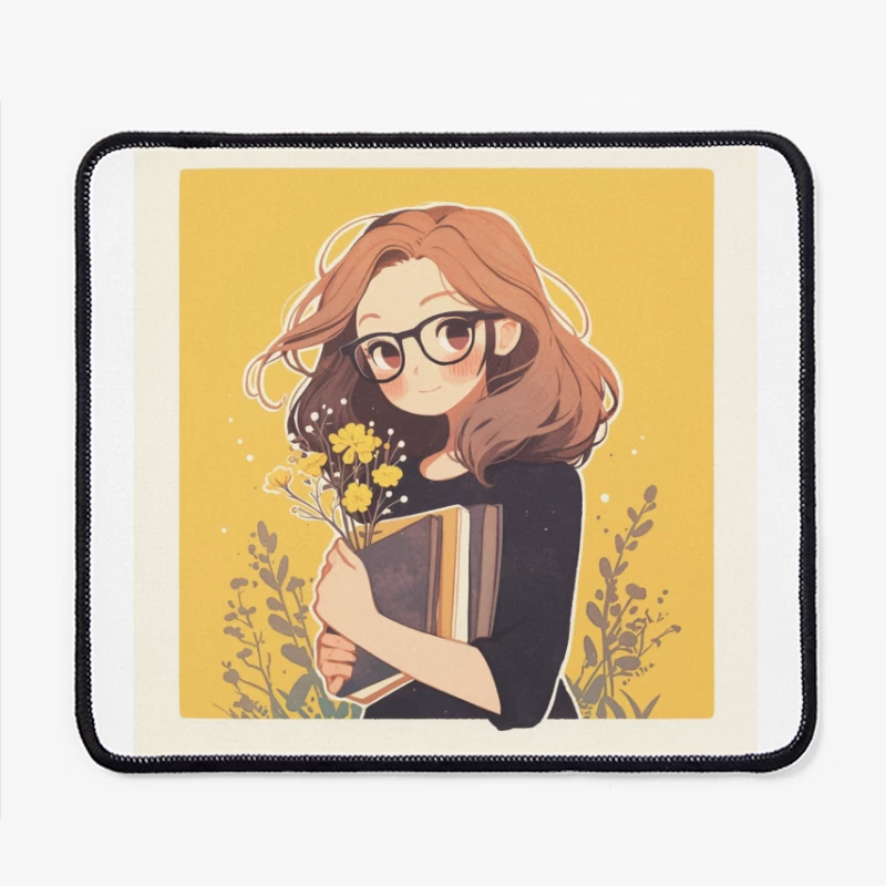 Bookish Girl with Yellow Flowers - Anime Style Illustration Mouse Pad