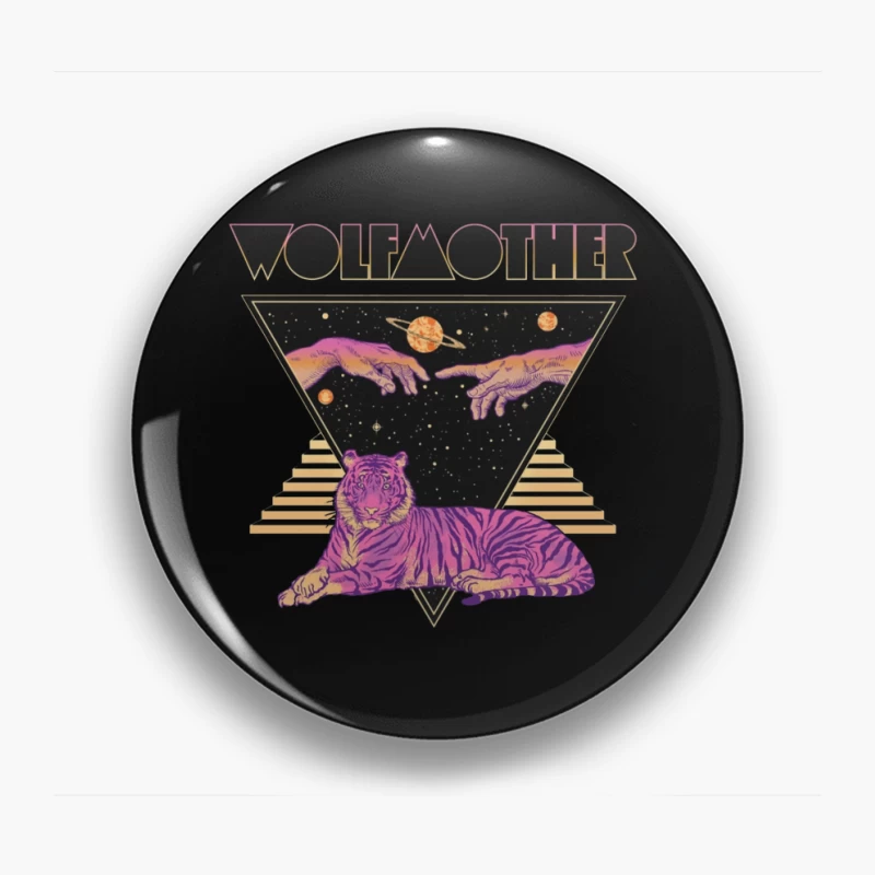 Cosmic Tiger with Mystical Hands in Retro Synthwave Style Pin