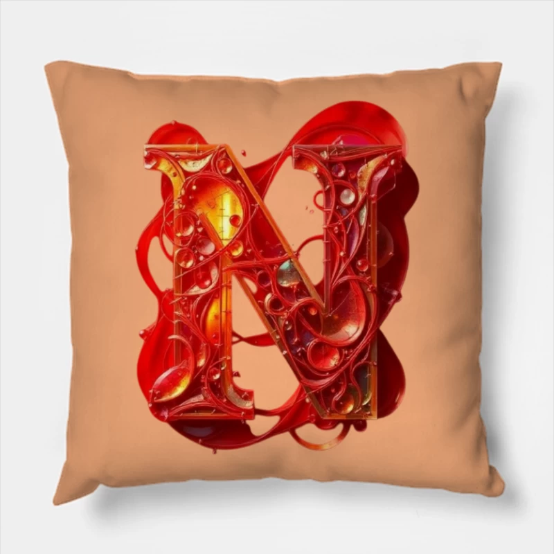 Abstract 3D Liquid Letter N in Vibrant Red Throw Pillow