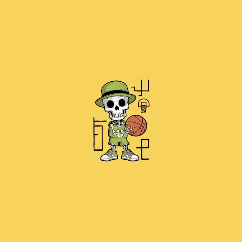 Cartoon Skeleton Basketball Player with Green Hat Character Illustration Bucket Hat