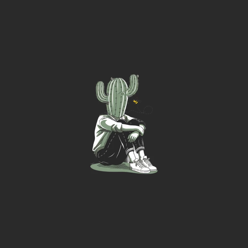 Surreal Cactus-Headed Figure: Urban Loneliness Illustrated Baseball Cap