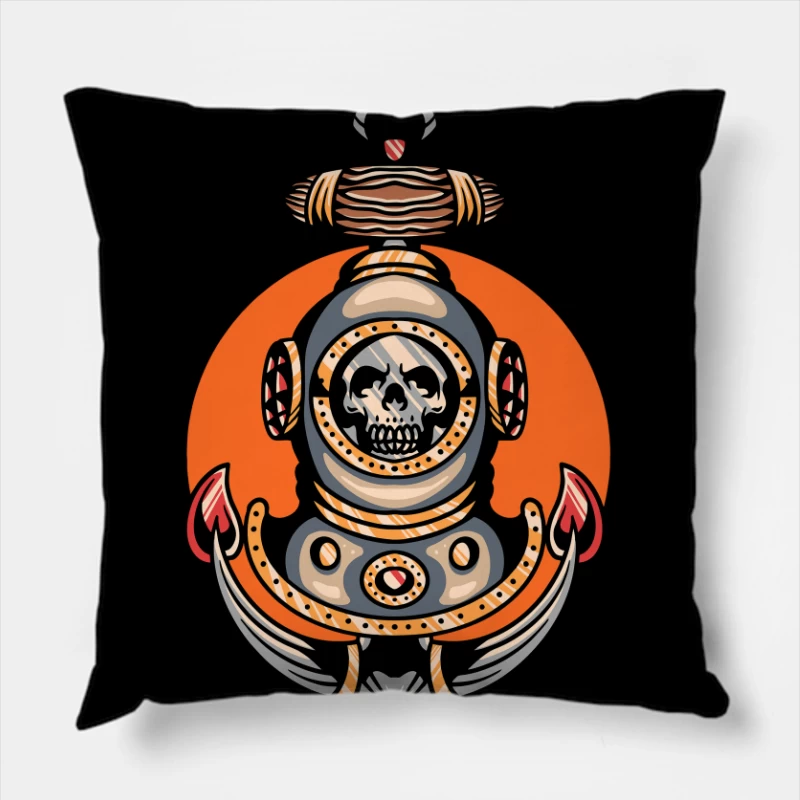 Vintage Nautical Skull Diving Helmet Illustration Throw Pillow