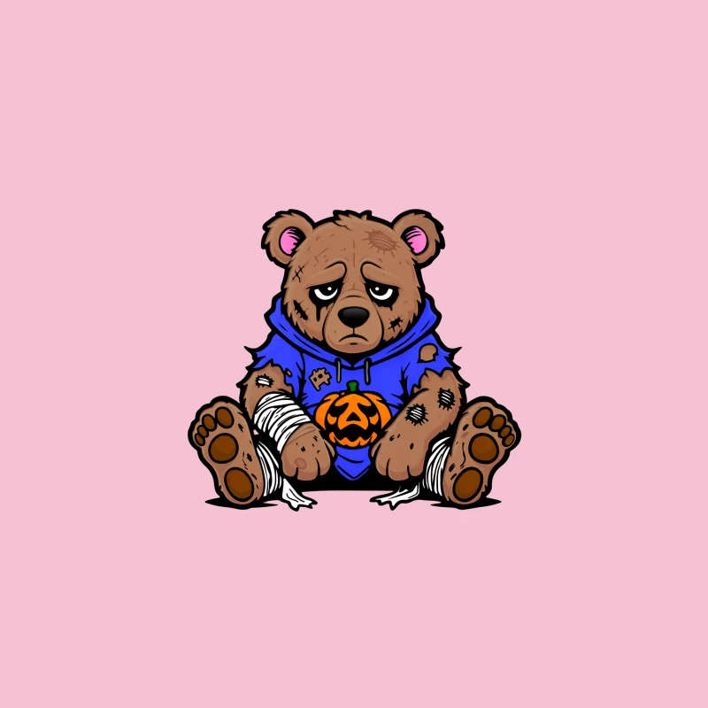 Sad Injured Teddy Bear in Blue Hoodie with Halloween Pumpkin Bucket Hat