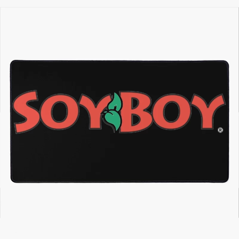 Soyboy Brand Logo with Red Letters and Green Leaf Design Desk Mat