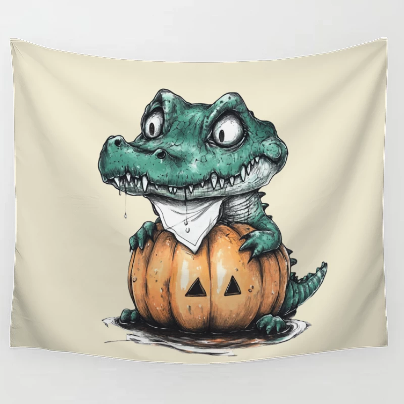 Cute Cartoon Alligator in Halloween Pumpkin Tapestry