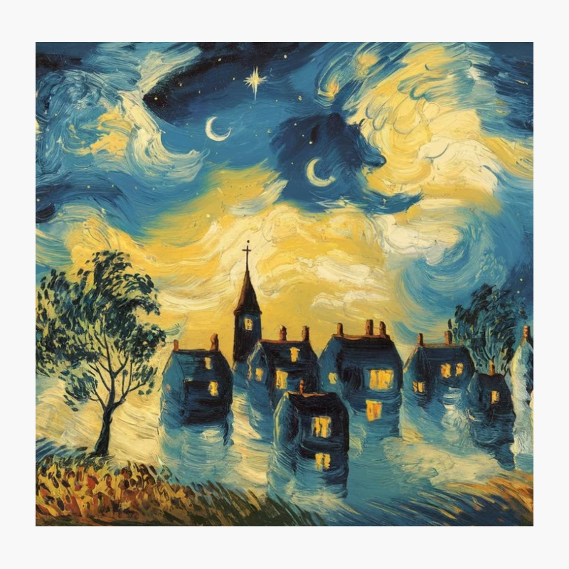 Starry Village Night: An Impressionist Landscape Throw Pillow