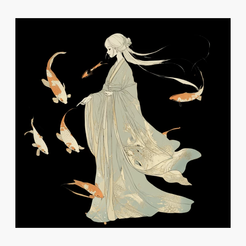 Ethereal Anime Illustration: Woman in Kimono with Koi Fish Throw Pillow