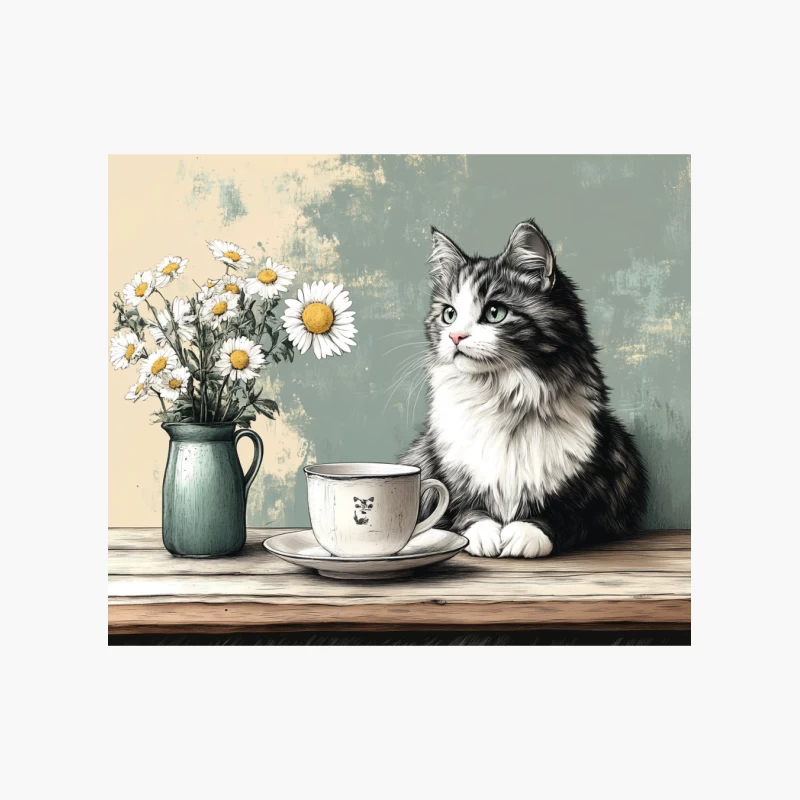 Rustic Still Life with Cat, Daisies, and Teacup Cotton Tote Bag