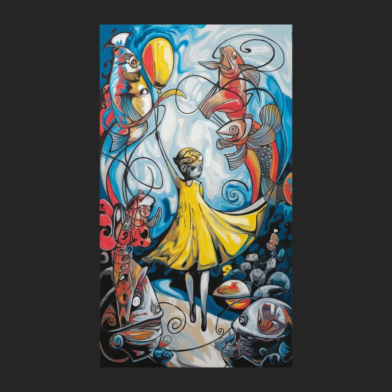 Whimsical Surrealist Scene with Yellow-Dressed Figure and Abstract Shapes Female Pullover Sweatshirt