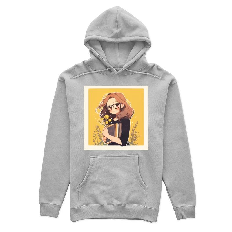 Bookish Girl with Yellow Flowers - Anime Style Illustration Female Pullover Hoodie