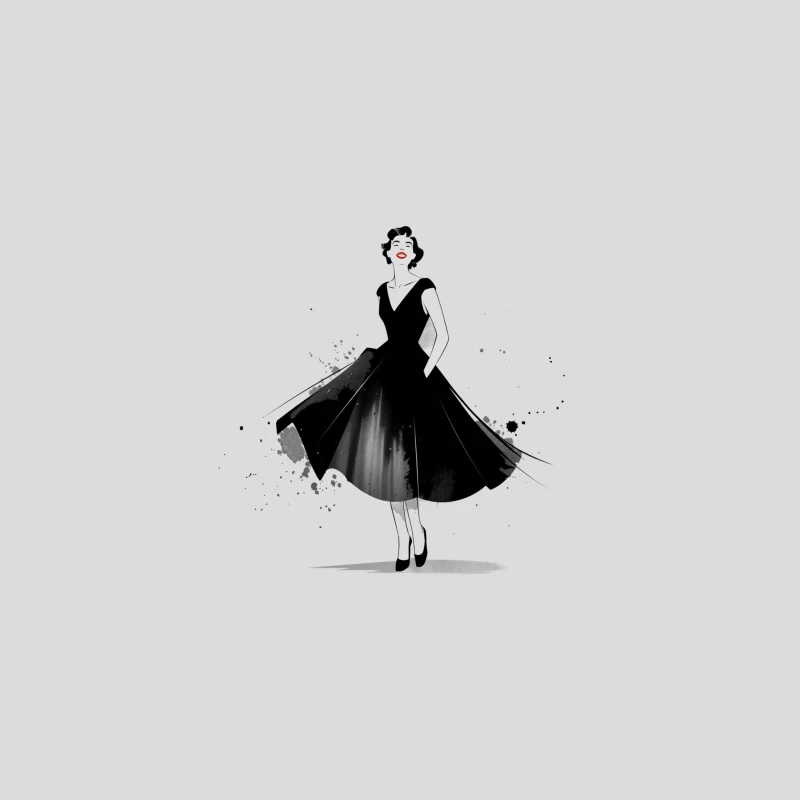 Vintage Elegance: 1950s Fashion Illustration with Ink Splatter Baseball Cap