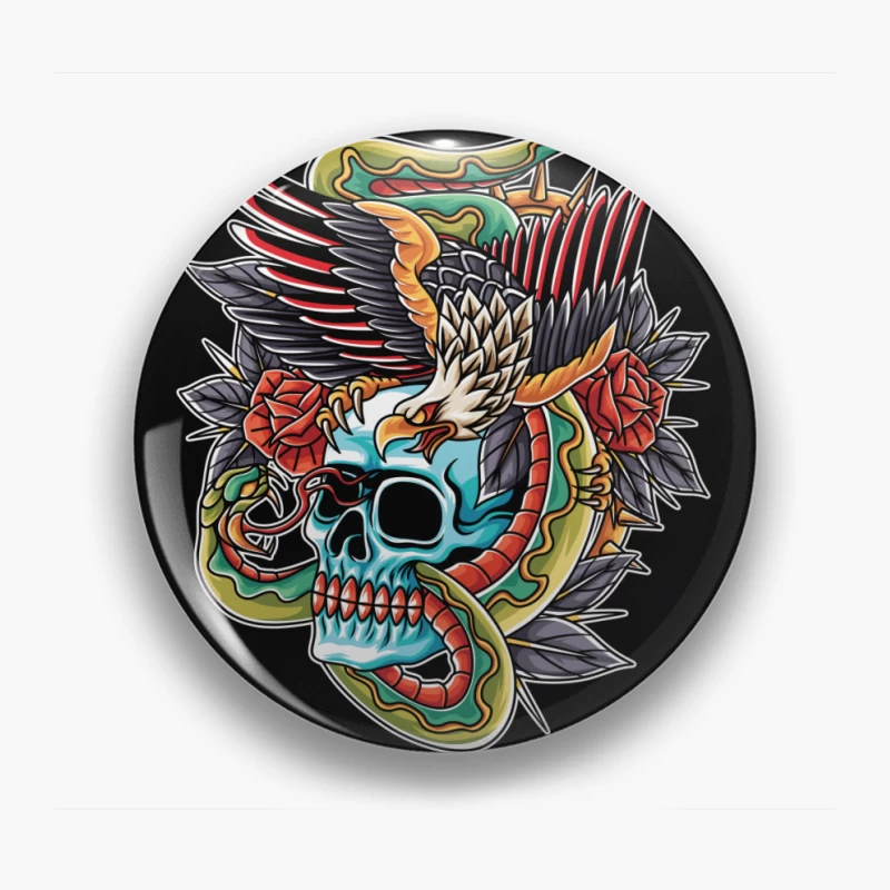 Colorful Tattoo Design Featuring a Skull, Eagle, and Snake Pin