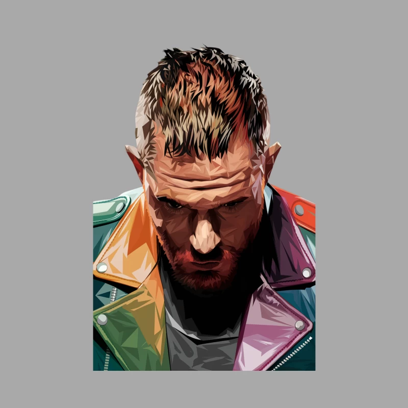 Stylized Portrait of Intense Bearded Man in Colorful Jacket Male Pullover Hoodie