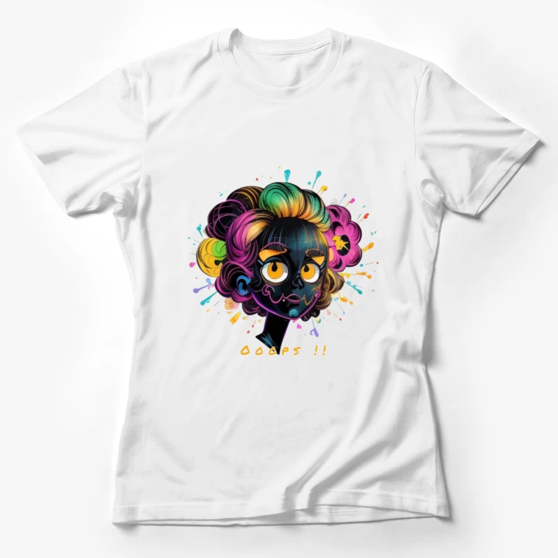 Whimsical Cartoon Character with Rainbow Hair and Paint Splashes Female T-Shirt