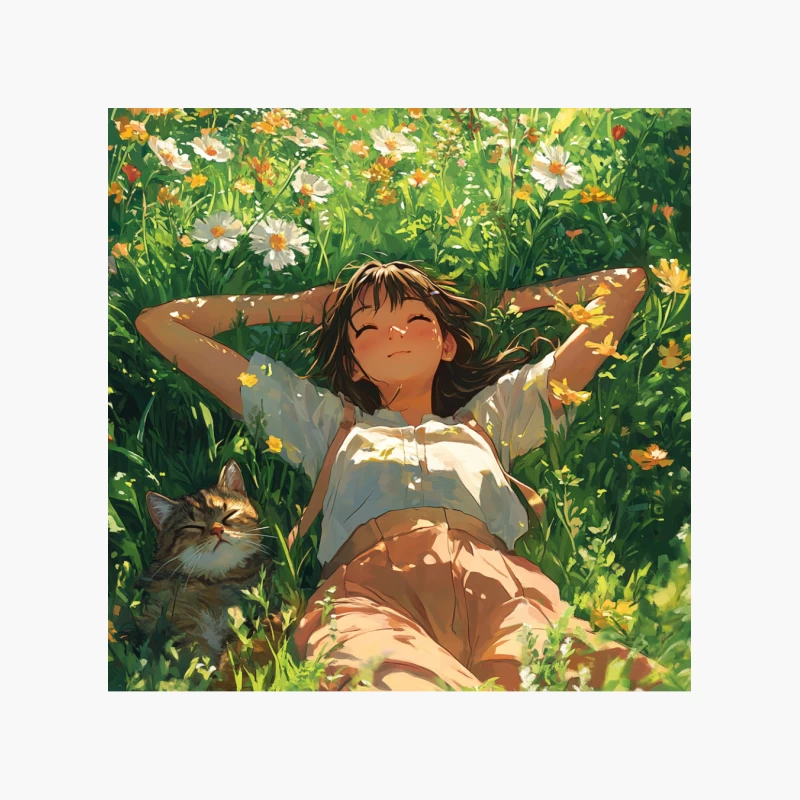 Anime Girl Relaxing in Summer Meadow with Cat Cotton Tote Bag