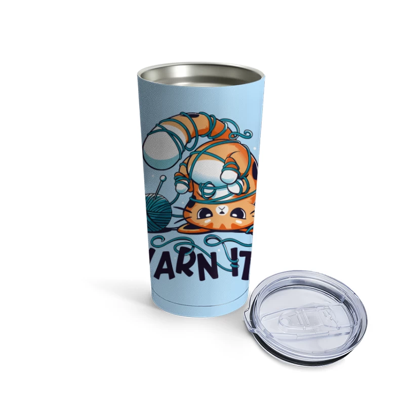 Yarn It! Whimsical Cat Illustration Travel Mug