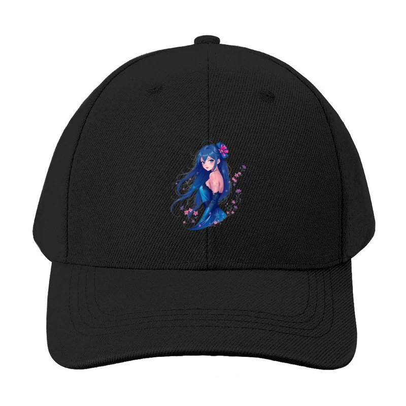 Elegant Anime Girl with Blue Hair and Floral Accents in Evening Dress Baseball Cap