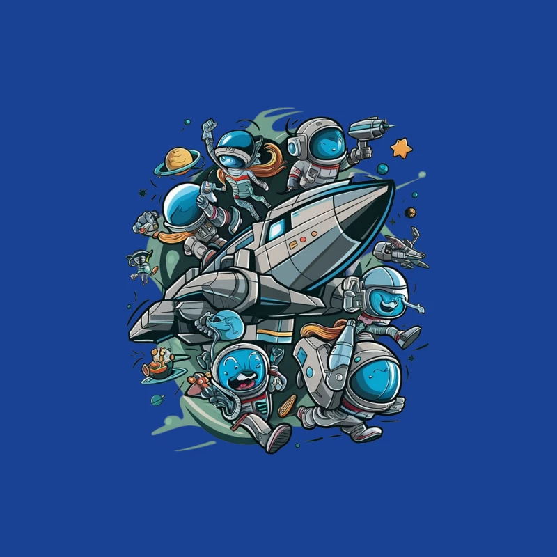 stronauts spaceship cartoon space exploration sci-fi planets colorful Male T-Shirt