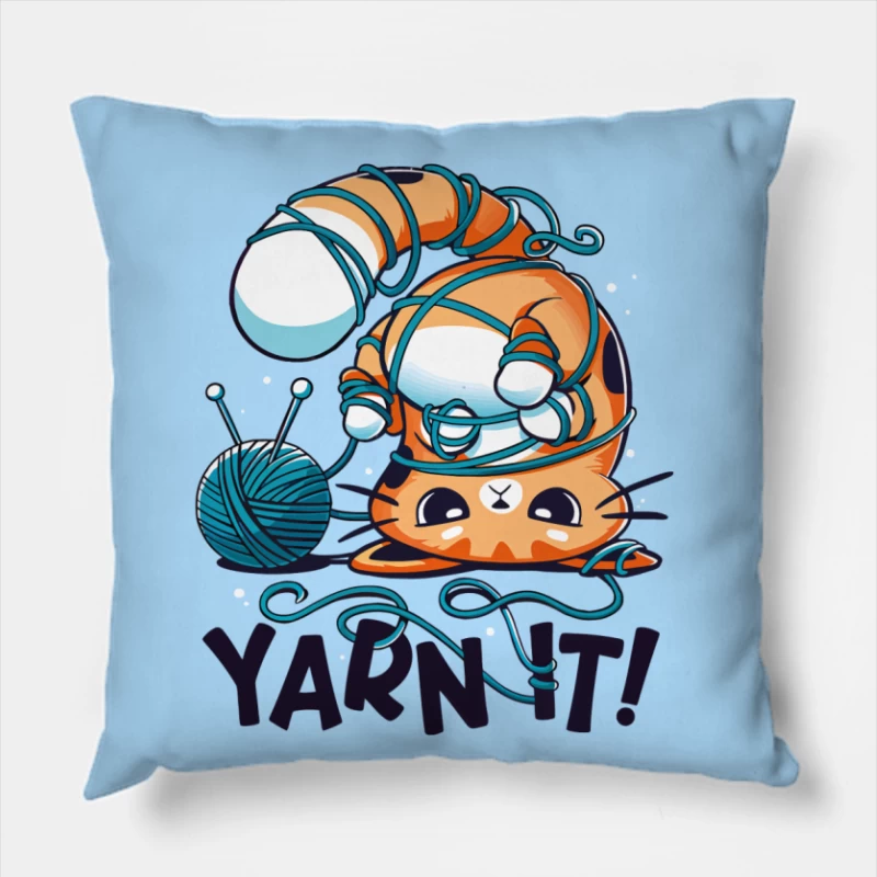 Yarn It! Whimsical Cat Illustration Throw Pillow