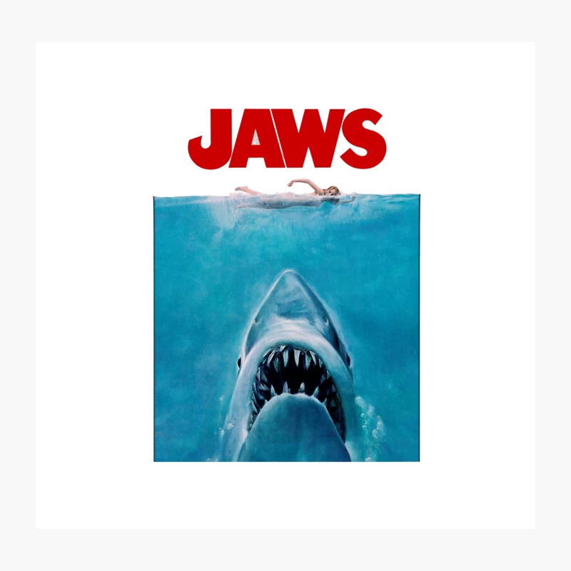 Iconic Jaws Movie Poster: Shark Threatens Swimmer in Ocean Throw Pillow