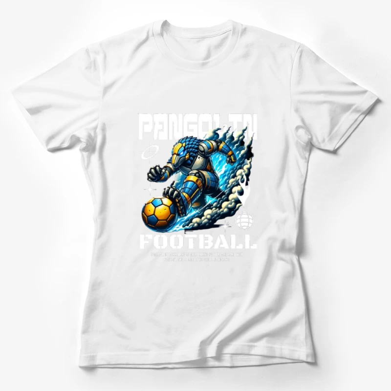 Robotic Soccer Player with Blue Armor in Dynamic Motion Female T-Shirt