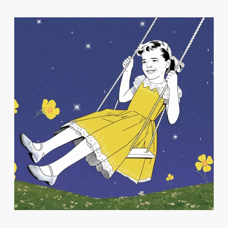 Whimsical Retro Illustration: Girl on Swing Under Starry Sky Throw Pillow