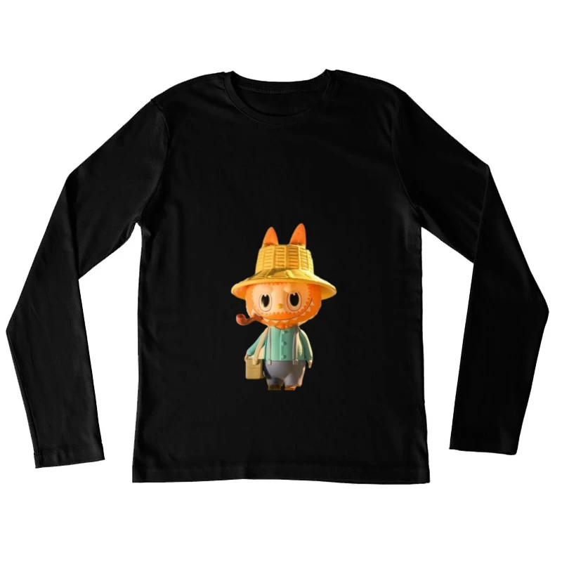 Cartoon Katze mit Strohhut und Pfeife Damen Langarm T-Shirt