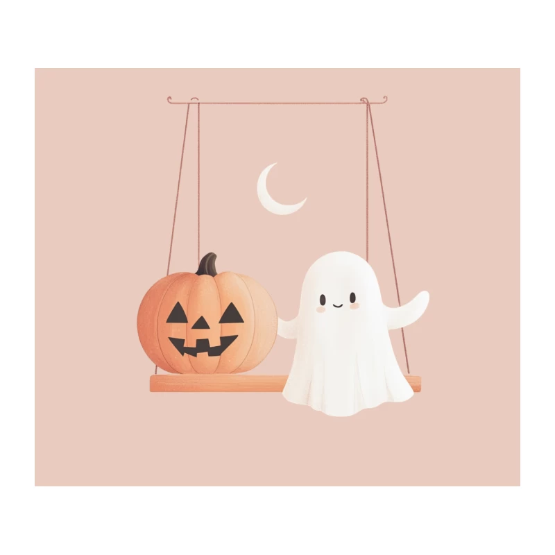 Cute Halloween Scene: Pumpkin and Ghost on a Swing Under the Moon Tapestry