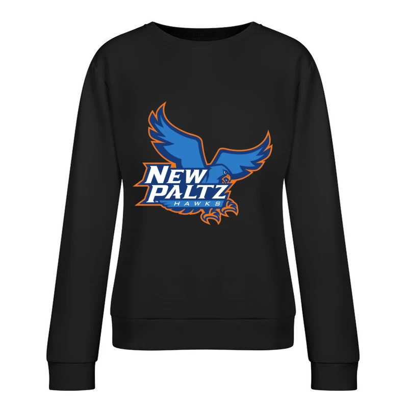 New Paltz Hawks Athletic Logo with Blue Hawk Mascot Female Pullover Sweatshirt