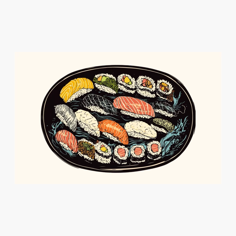 Colorful Illustrated Sushi Platter: A Japanese Culinary Delight Travel Mug