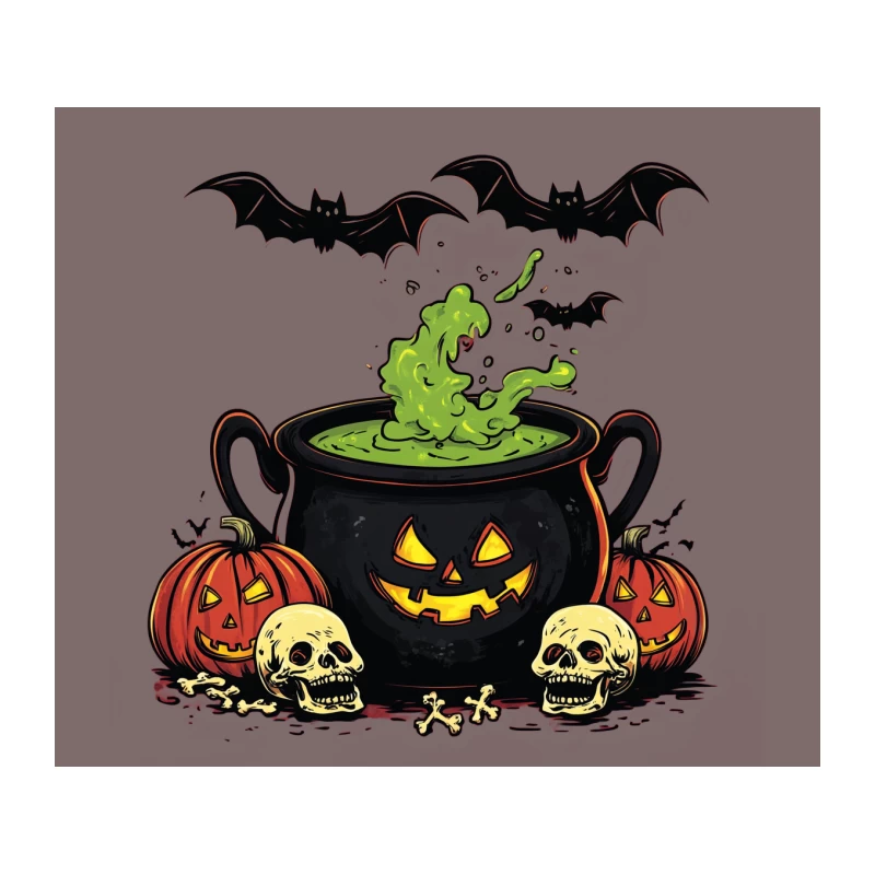 Spooky Halloween Cauldron with Bats, Pumpkins, and Skulls Tapestry