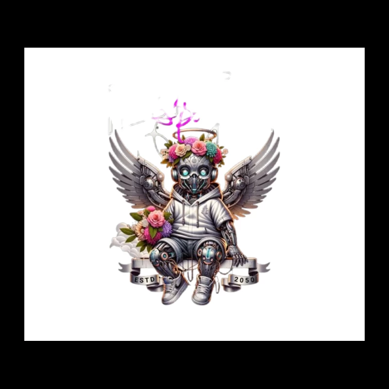 Angelic Steampunk Robot with Floral Crown and Wings Tapestry