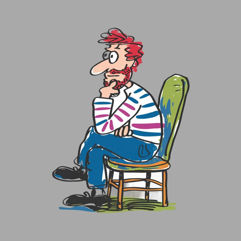 Cartoon Man in Striped Shirt Sitting and Thinking on Chair Female Pullover Hoodie