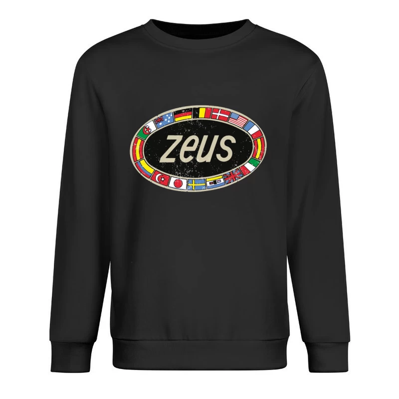 Zeus International Vintage Logo with National Flags Border Male Pullover Sweatshirt