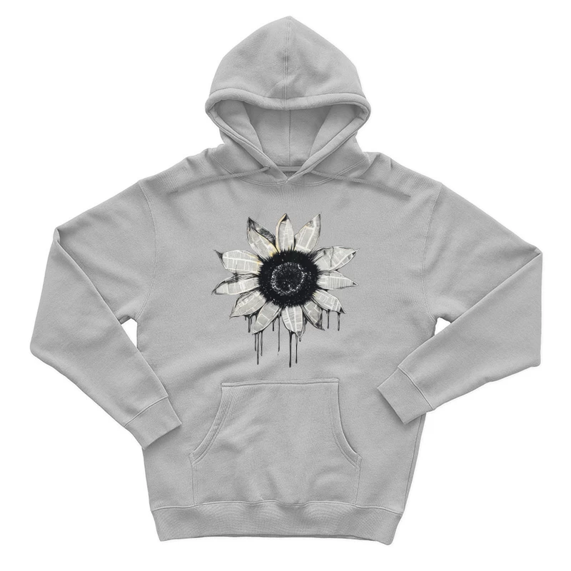Monochrome Newspaper Sunflower Art with Dripping Effect Male Pullover Hoodie
