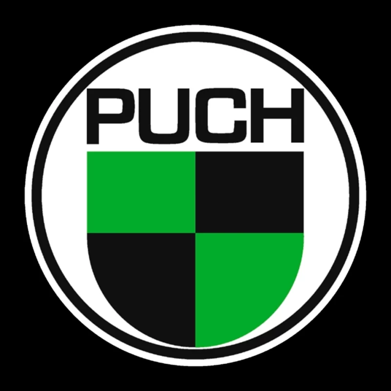 Vintage Puch Motorcycle Company Logo with Green and Black Shield Design Pin