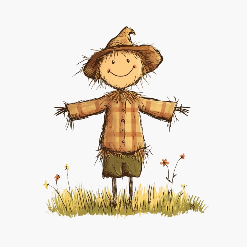 Cheerful Cartoon Scarecrow in a Flowery Field Cotton Tote Bag