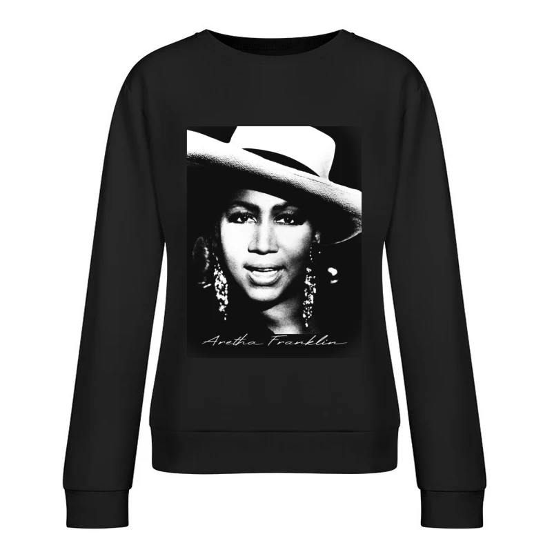 Classic Black and White Portrait with White Hat and Statement Jewelry Female Pullover Sweatshirt