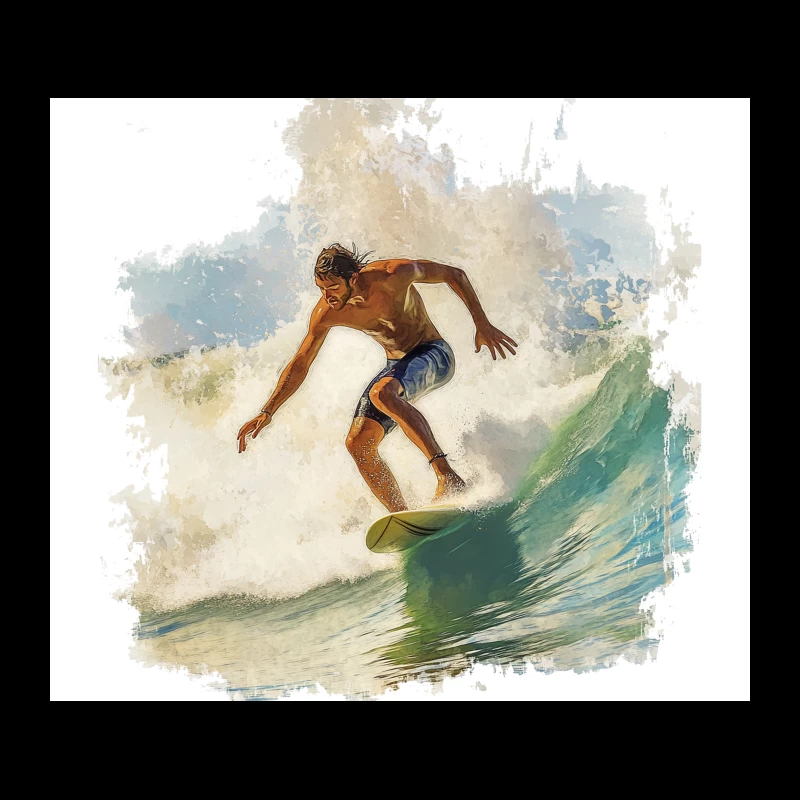 Dynamic Watercolor Surfer Riding Turquoise Wave Tapestry